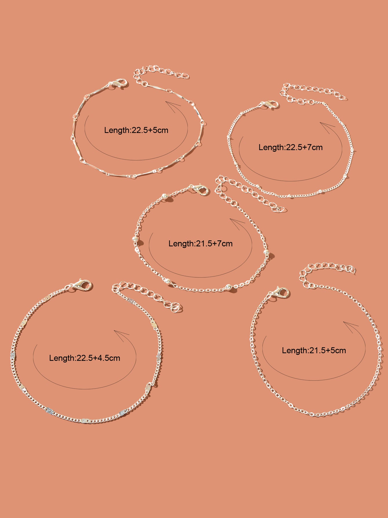 5 pcs Layered Multiple Silver Chain Stackable Anklets Beach Foot Jewellery