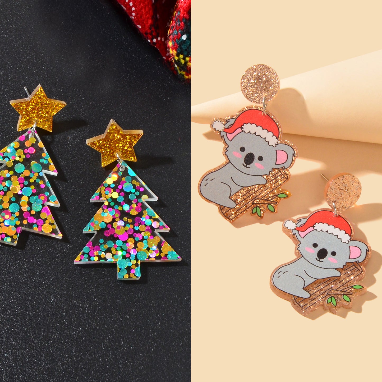 2 pairs Christmas Festival Jewelry Sequin Decor Acrylic Tree Koala Earrings set