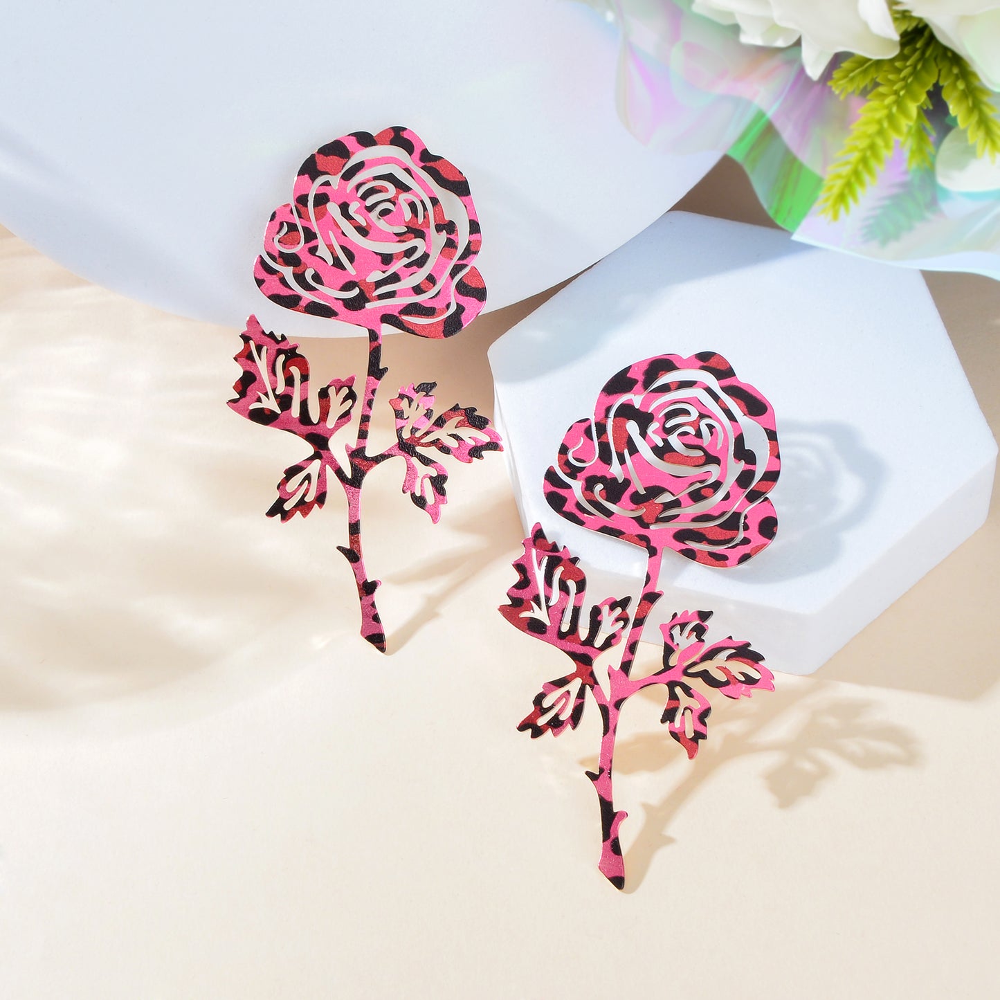 Fashion Preppy Hot Pink Hollow Metal Rose Flower Big Stud Earrings Women Anniversary Prom Jewelry