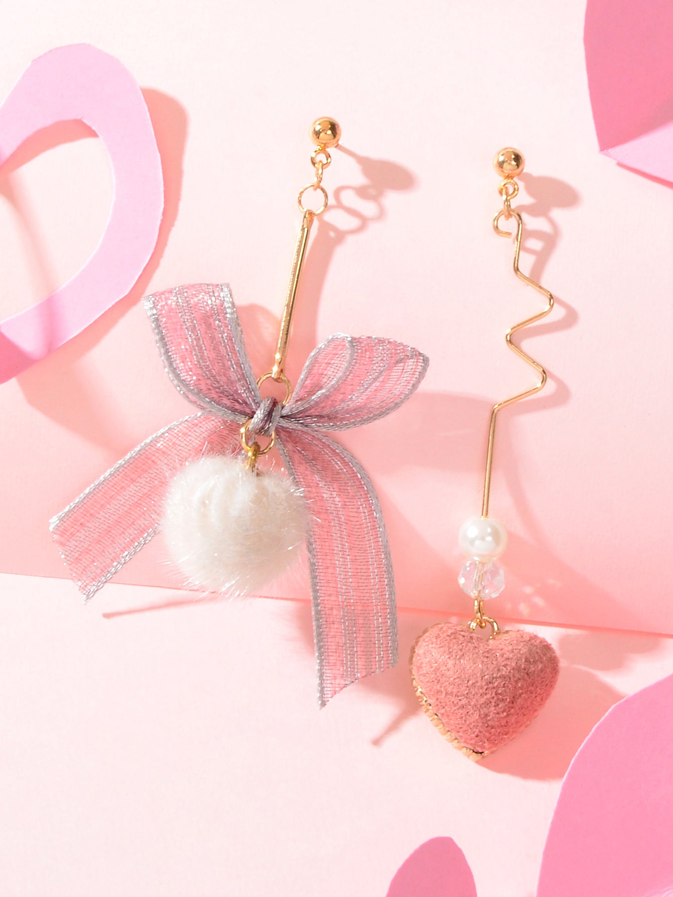 Valentine's Day Gift Bow Tie Pink Heart White Pom Pom Ball Asymmetrical Earrings