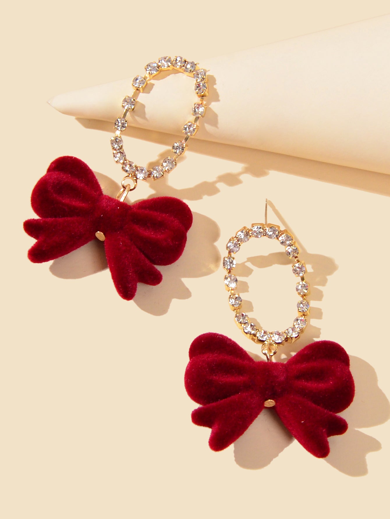 Sparkly Ribbon Bow Dangle Rhinestone Winered Vintage Square Bow Tie Earrings