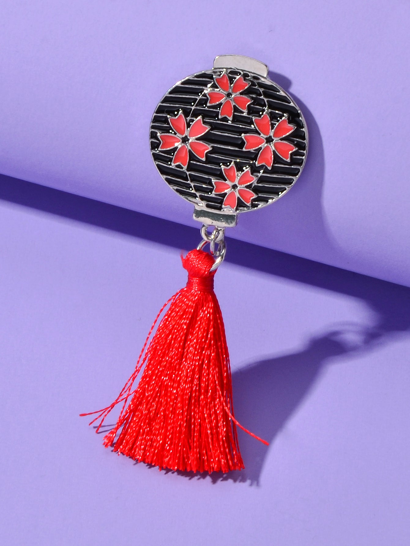 Chinese Ethnic Style Red Flower Black Lantern Brooch with Tassel Lapel Pin Badge