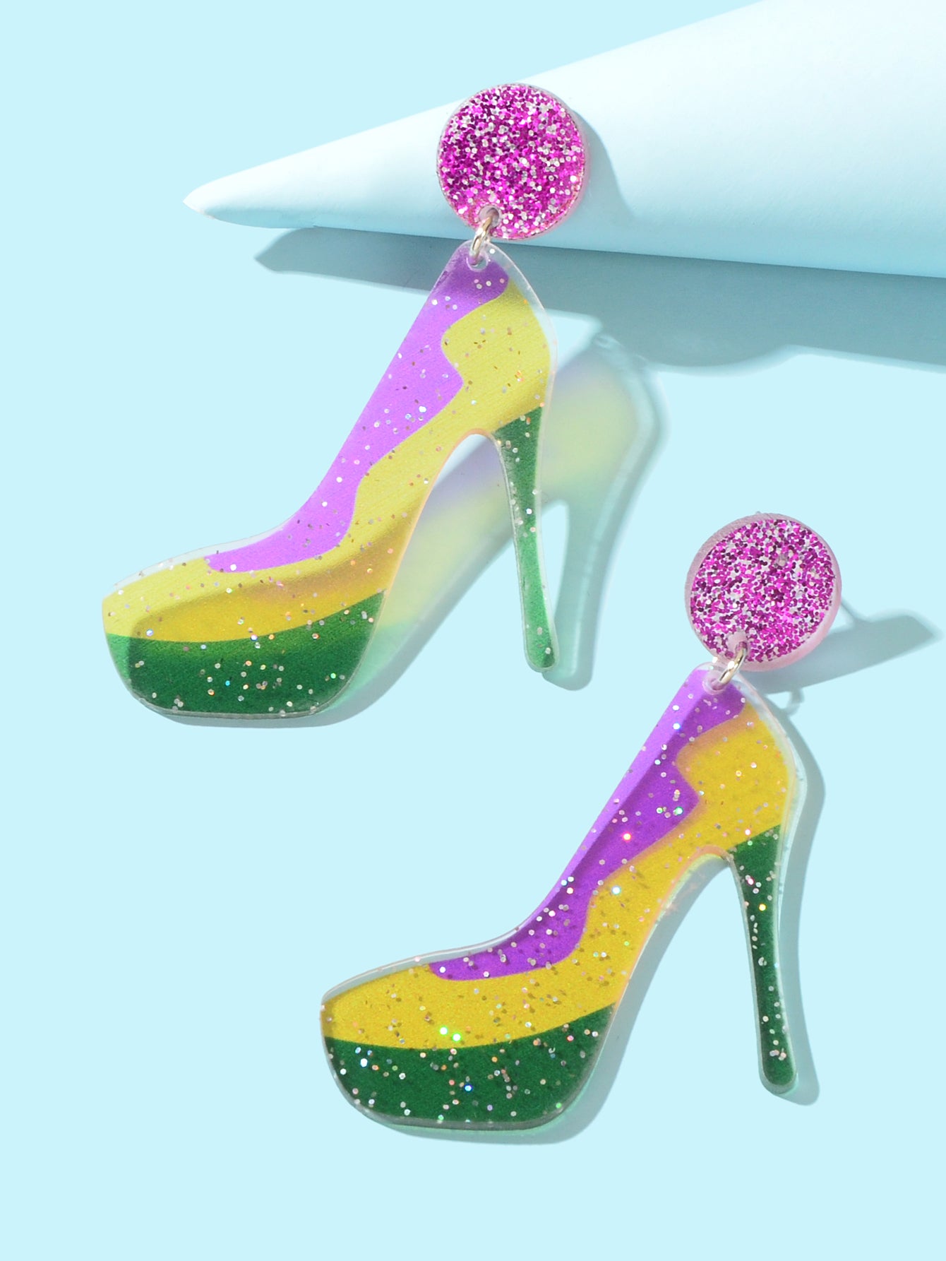 Funky Mixed Colour Acrylic Shiny Big High-heeled Shoes Novelty Dangle Earrings