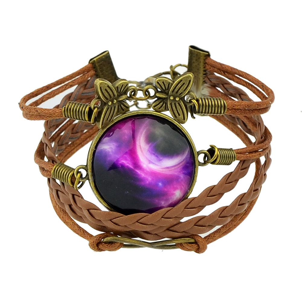Brown Pu Leather Braided Multi-layer Chain Round Acrylic Wrap Bracelet Girl Gift
