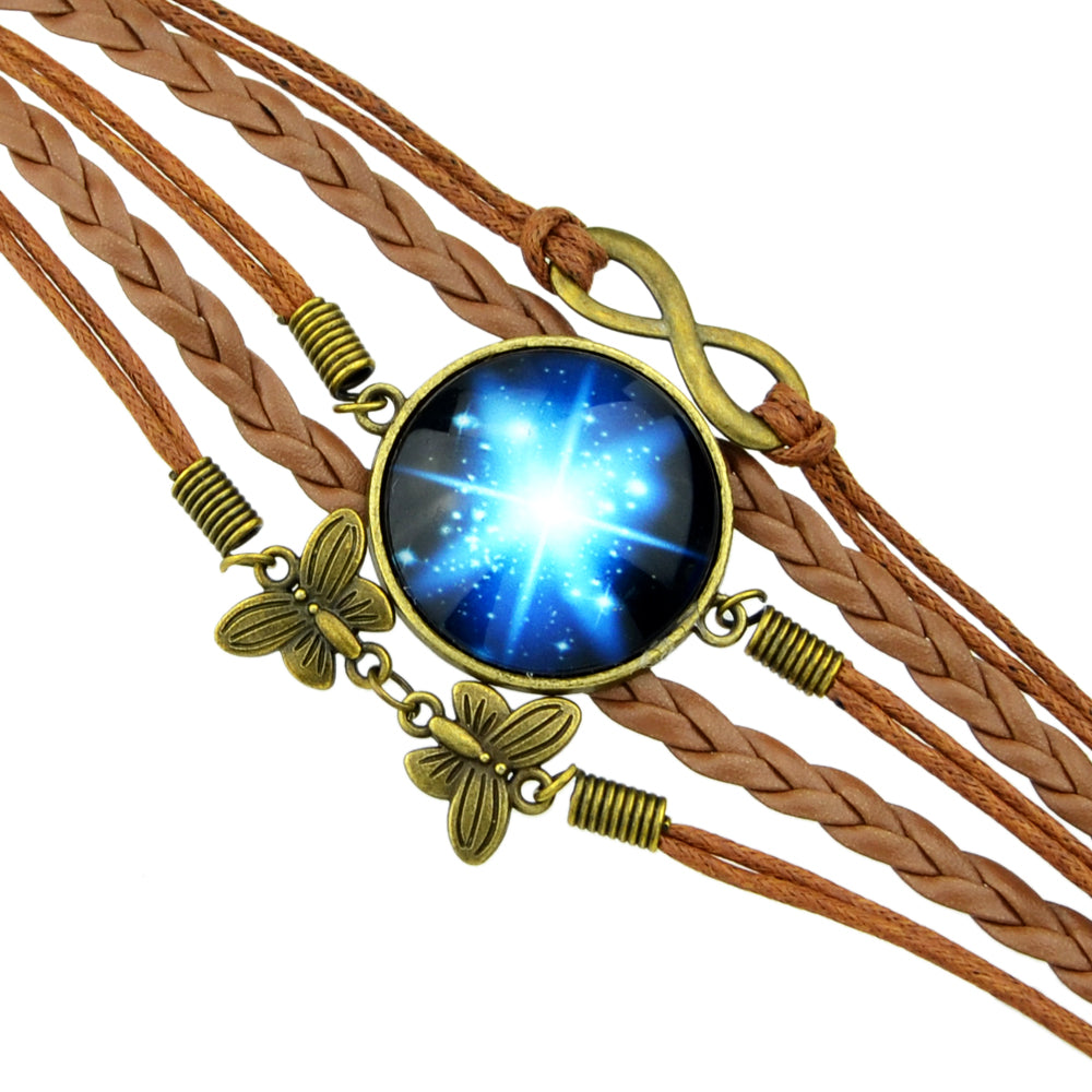 Brown Pu Leather Braided Multi-layer Chain Round Acrylic Wrap Bracelet Girl Gift