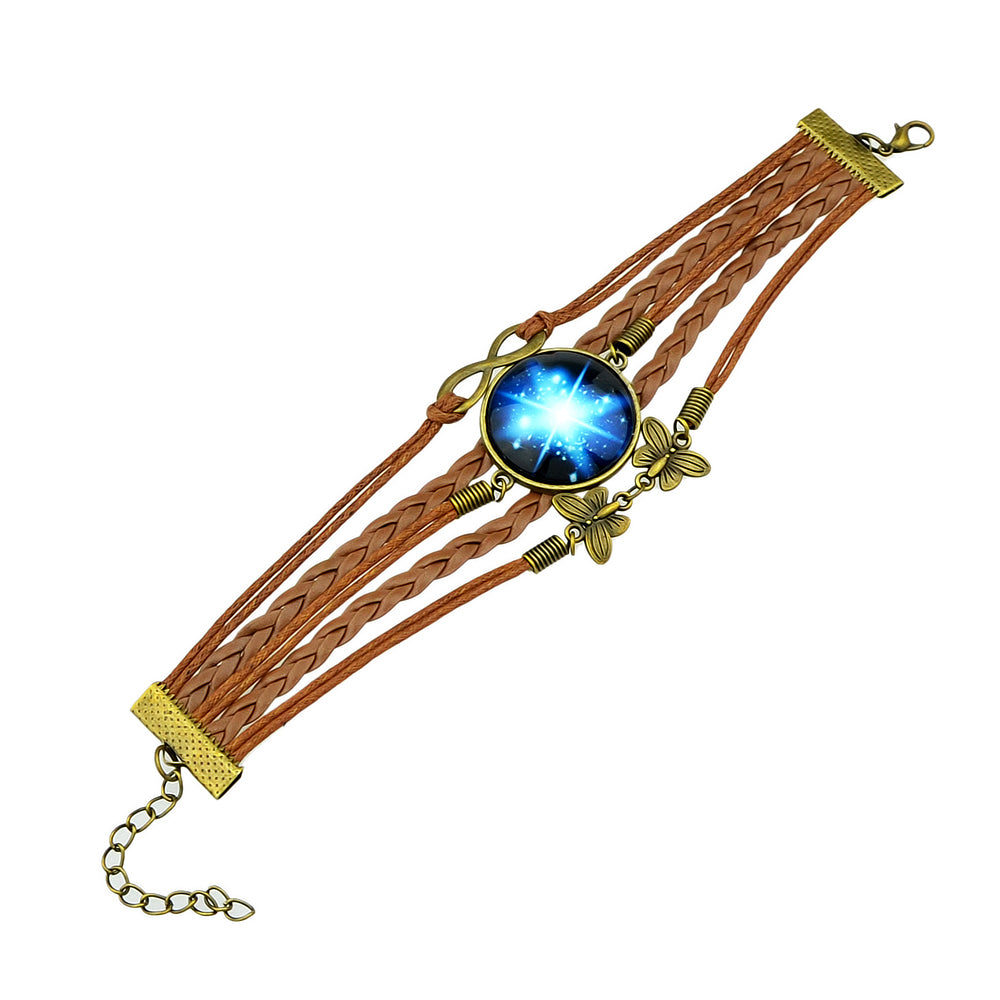 Brown Pu Leather Braided Multi-layer Chain Round Acrylic Wrap Bracelet Girl Gift