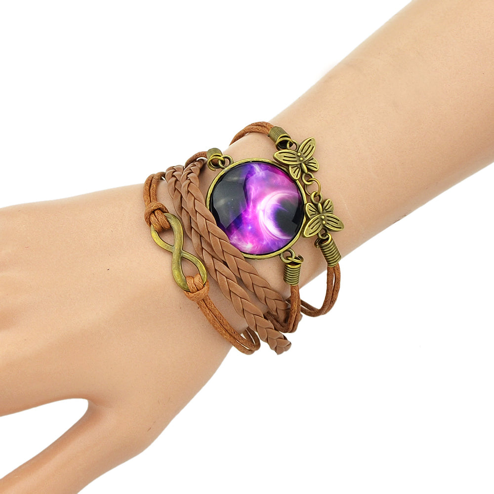 Brown Pu Leather Braided Multi-layer Chain Round Acrylic Wrap Bracelet Girl Gift