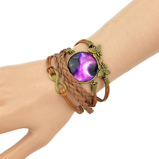 Brown Pu Leather Braided Multi-layer Chain Round Acrylic Wrap Bracelet Girl Gift