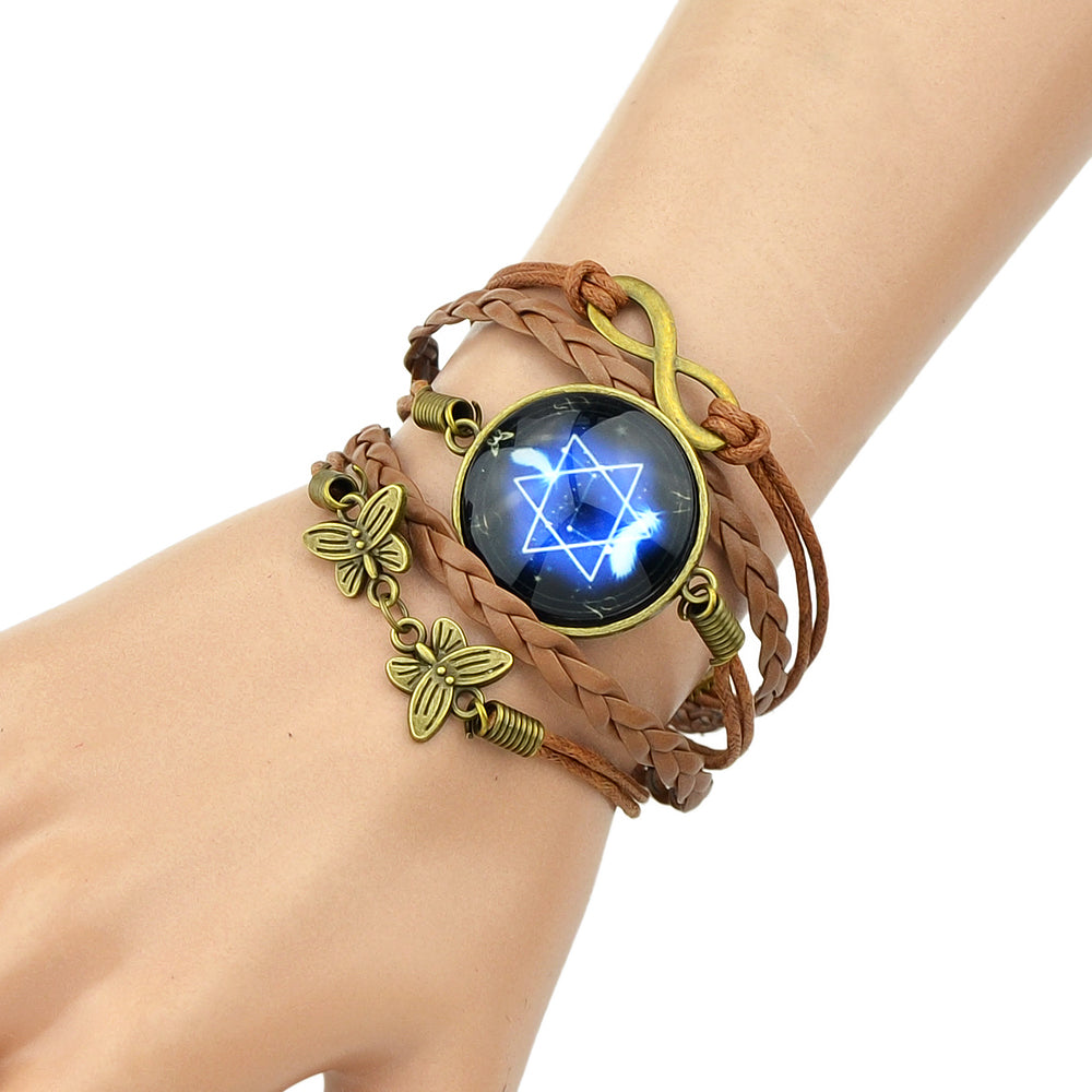 Brown Pu Leather Braided Multi-layer Chain Round Acrylic Wrap Bracelet Girl Gift