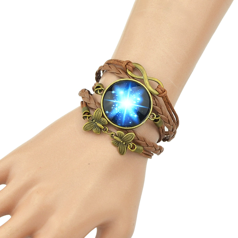 Brown Pu Leather Braided Multi-layer Chain Round Acrylic Wrap Bracelet Girl Gift