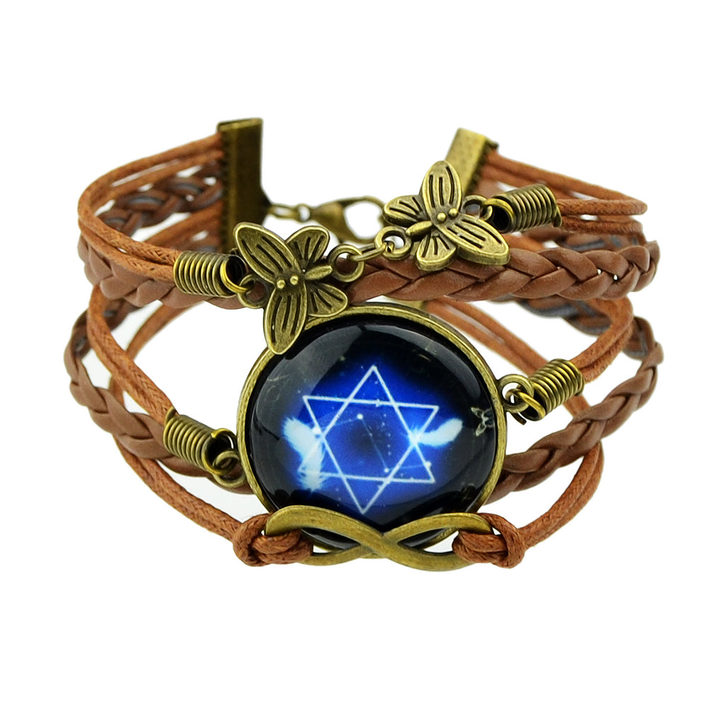 Brown Pu Leather Braided Multi-layer Chain Round Acrylic Wrap Bracelet Girl Gift