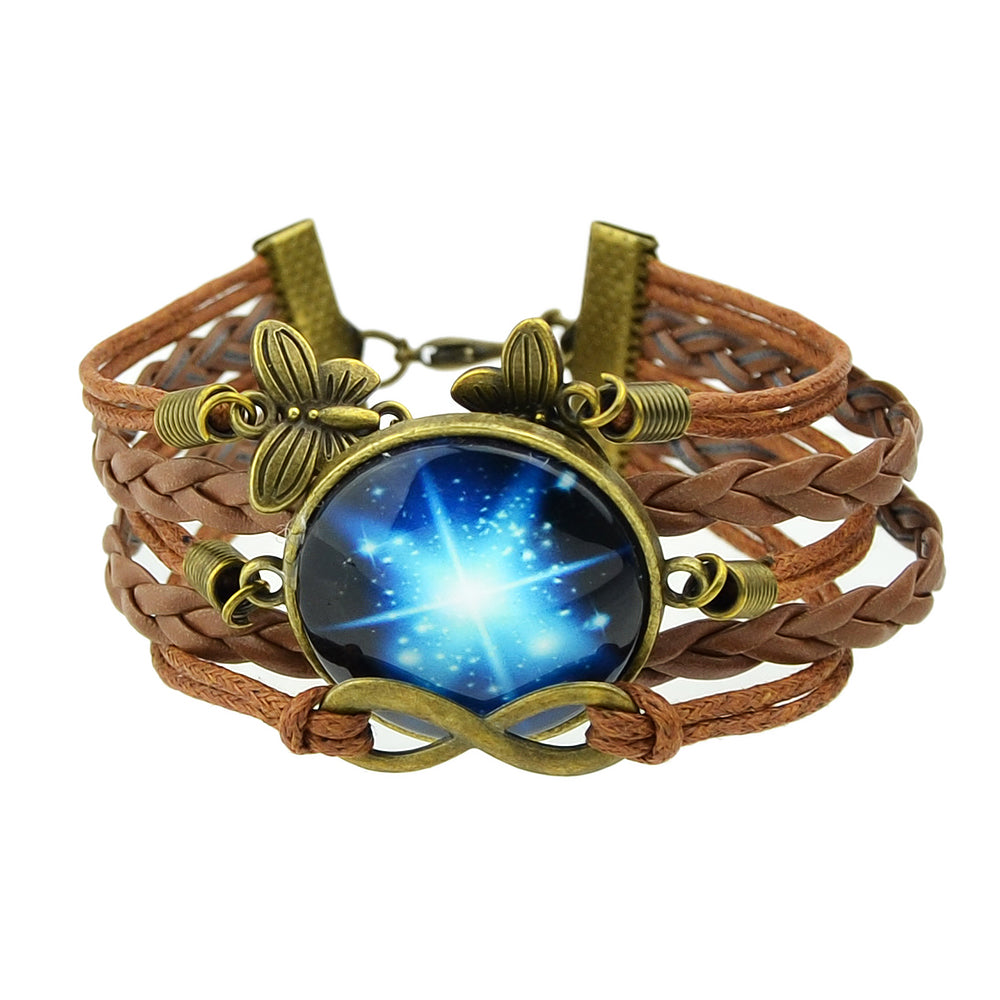 Brown Pu Leather Braided Multi-layer Chain Round Acrylic Wrap Bracelet Girl Gift