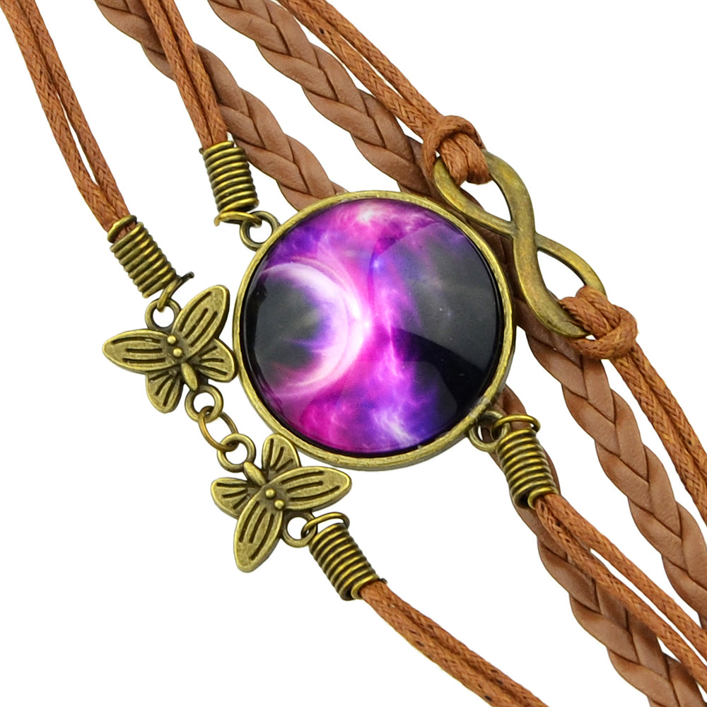 Brown Pu Leather Braided Multi-layer Chain Round Acrylic Wrap Bracelet Girl Gift