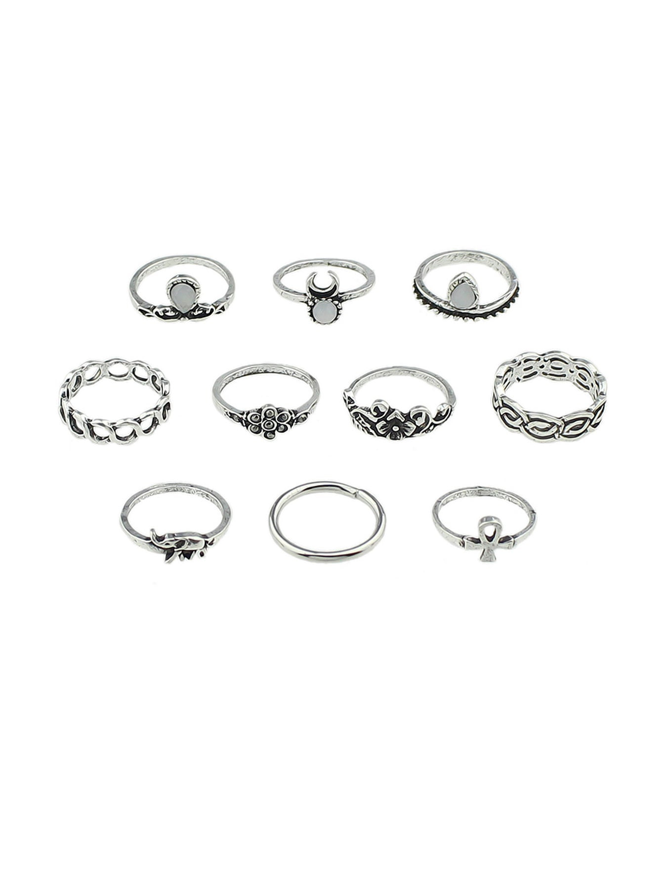 Stackable 10 pcs Tribal Ethnic Flower Elephant Vintage Multiple Finger Ring set