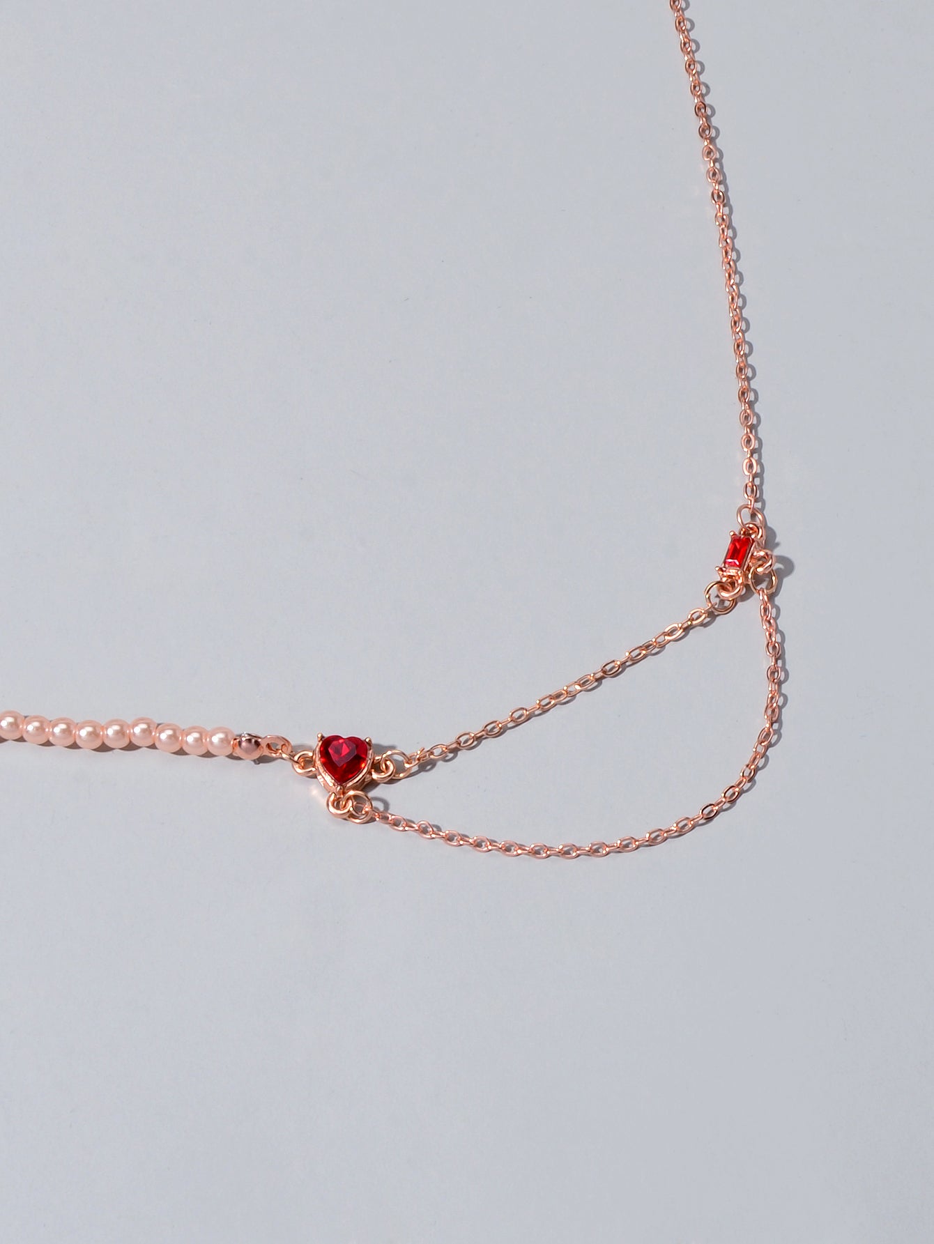 Perfect Engagement Gift Rosegold Chain Pearl Heart Sqaure Red Crystal Necklace