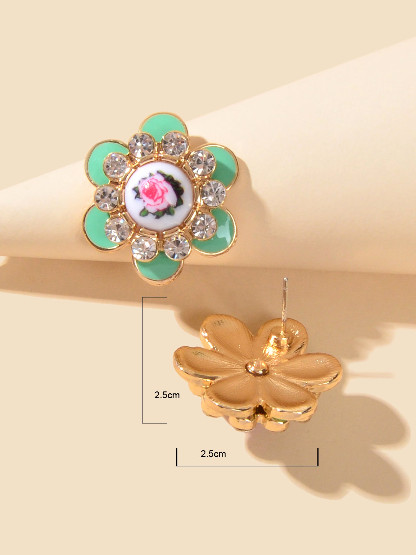 Bohemian Ethnic Rhinestone Decoration Green Enamel Flower Stud Festival Earrings