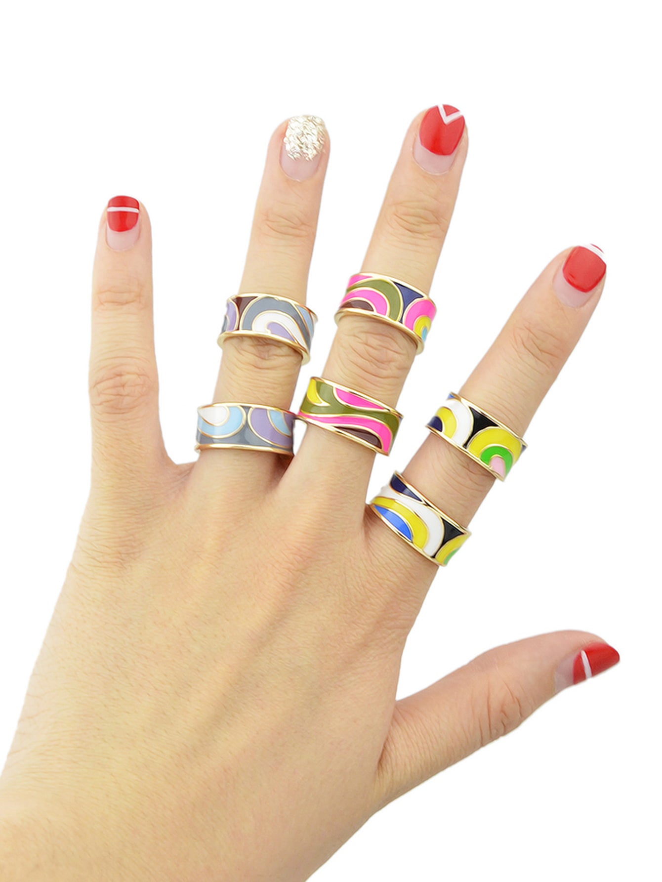 Ethnic Jewelry Geometric Pattern Colourful Enamel Gold Chunky Bohemian Band Ring