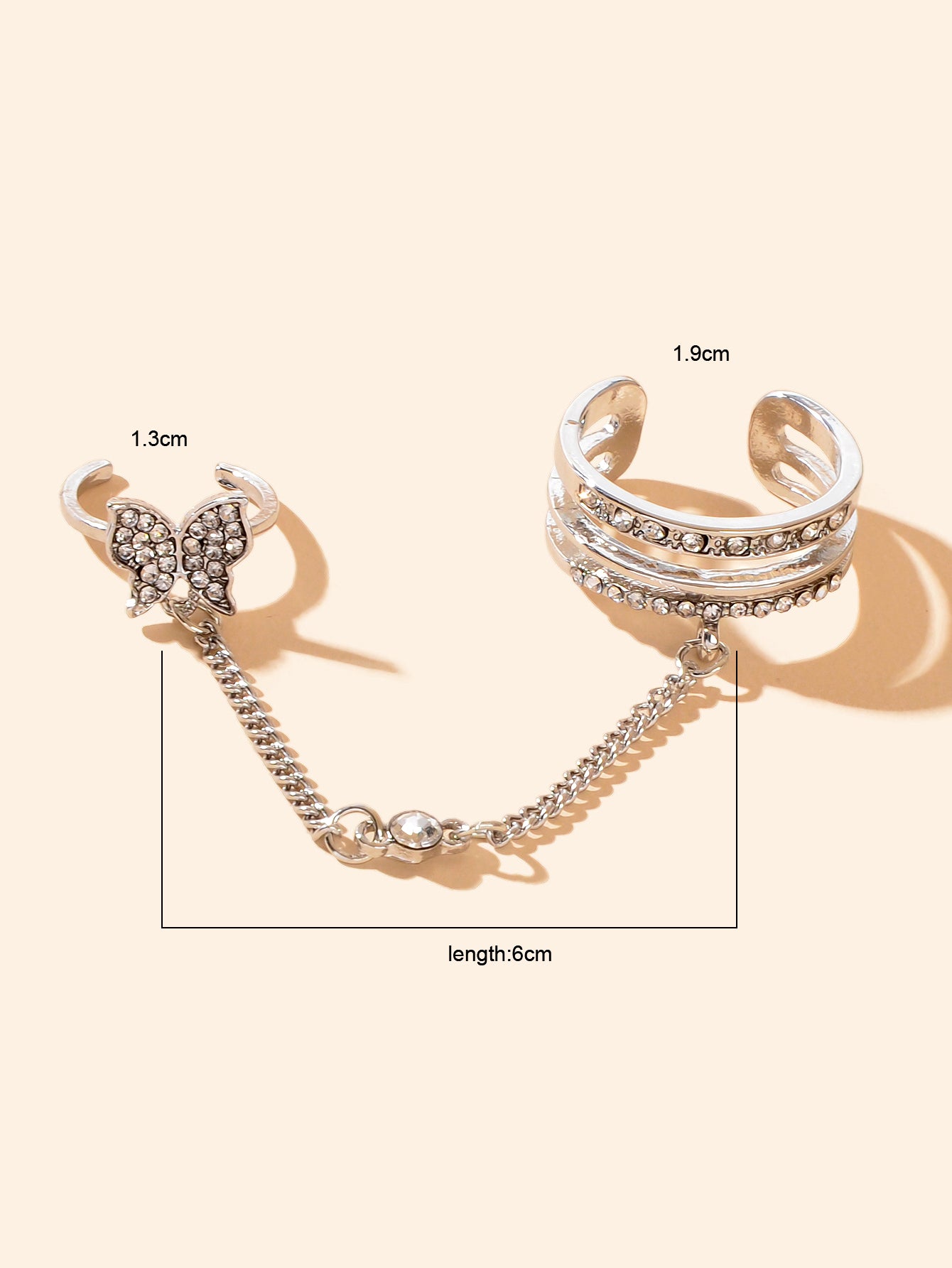 Personality Rhinestone Silver Butterfly Double Fingers Ring with Chain Ear Cuff