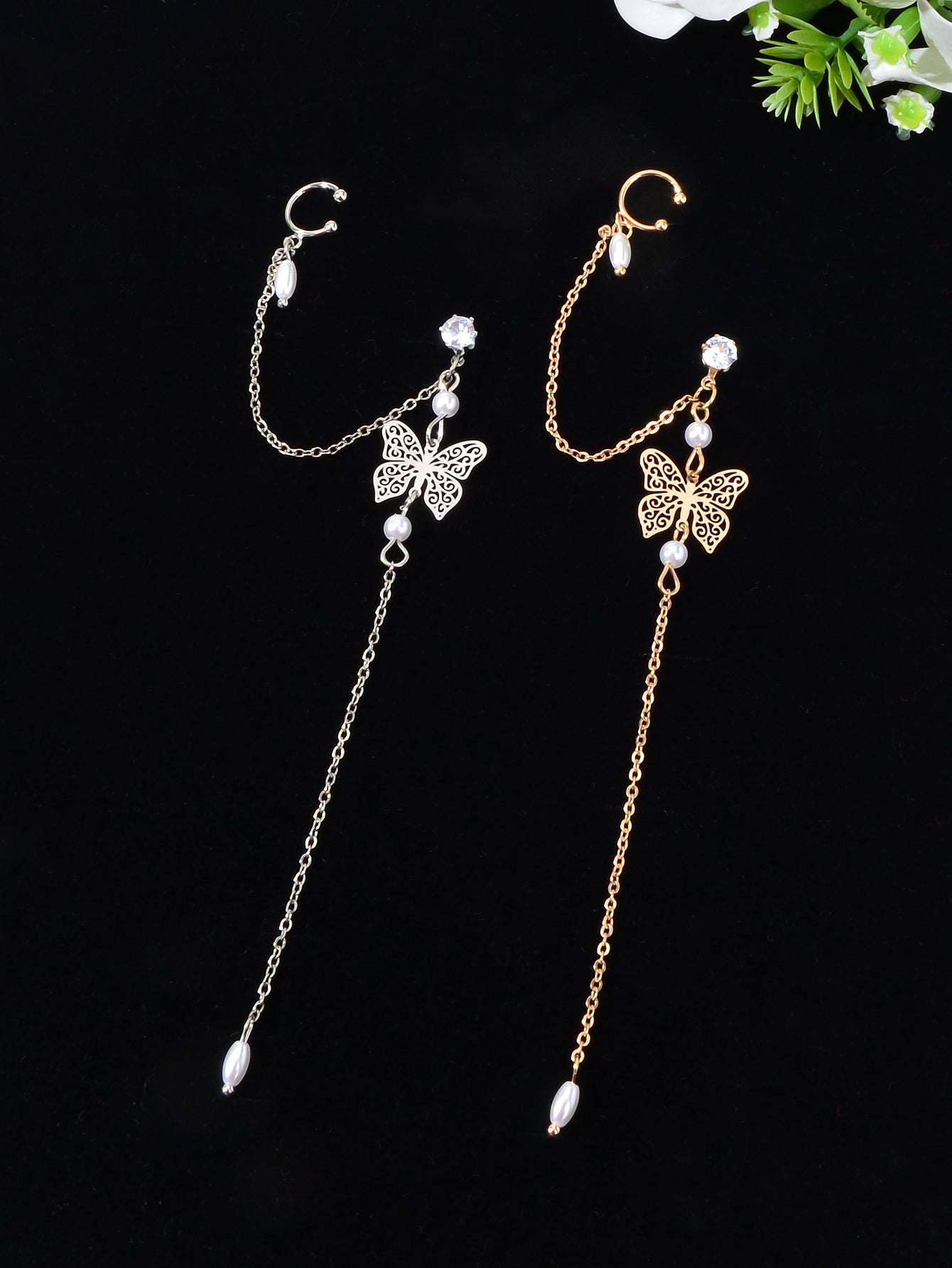 Butterfly Pendant Tassel Stud Earrings - Elegant and Whimsical Dangles Ear Clip