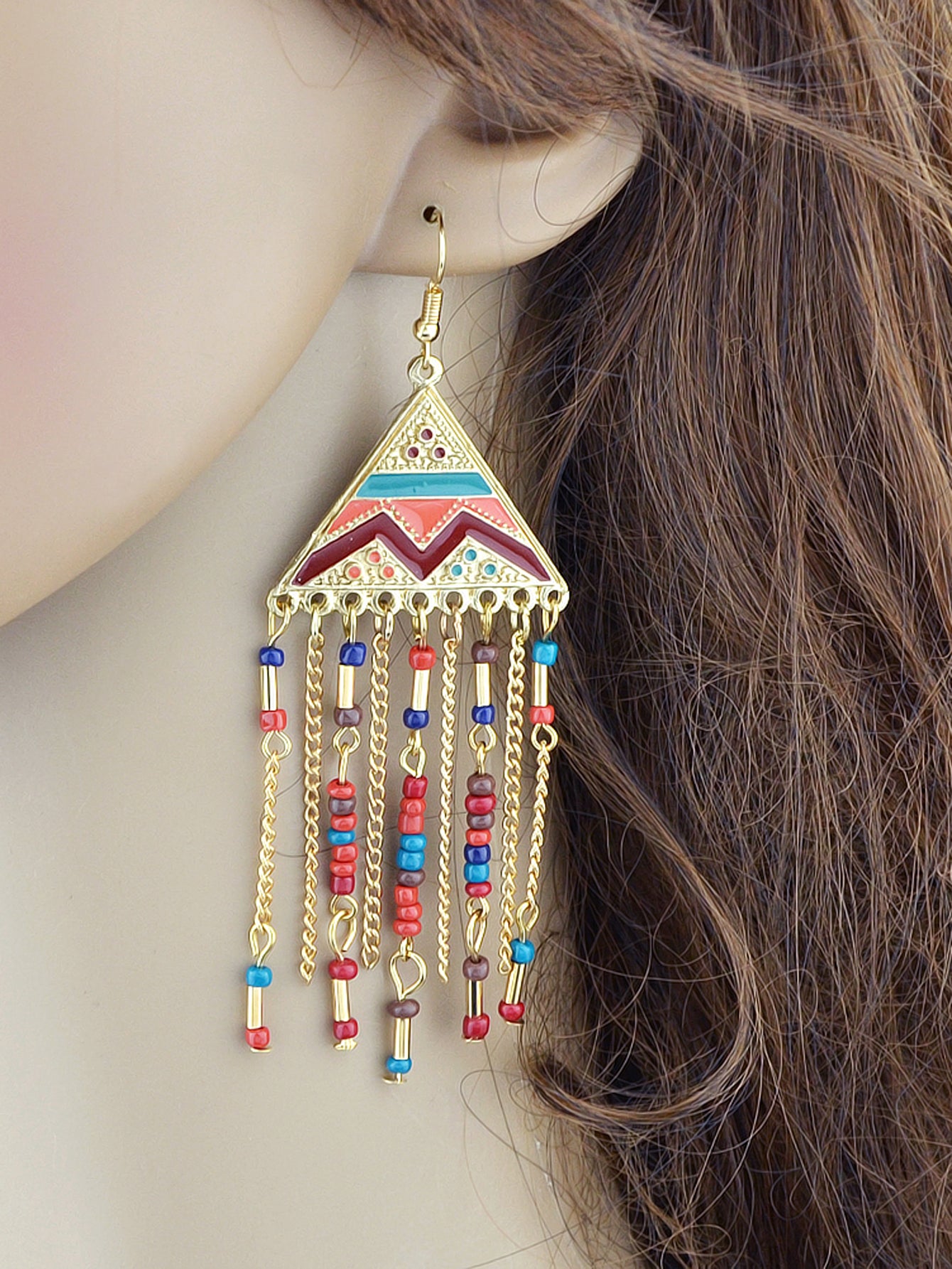Triangle Colourful Enamel Beads Long Chain Tassel Ethnic Jewellery Boho Earrings