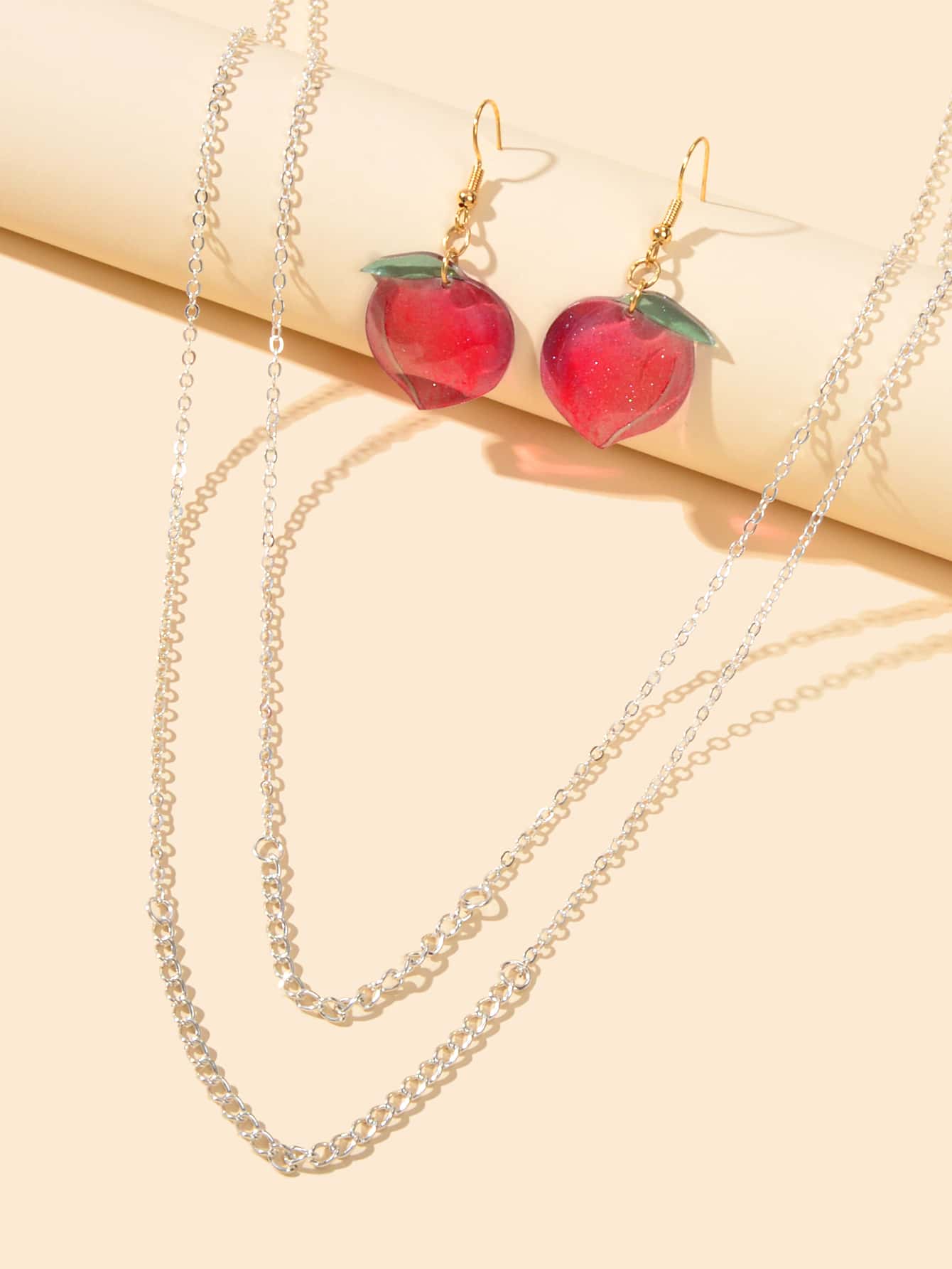 Jewelry set Double layer Silver Chain Necklace Pink Resin Peach Dangle Earrings