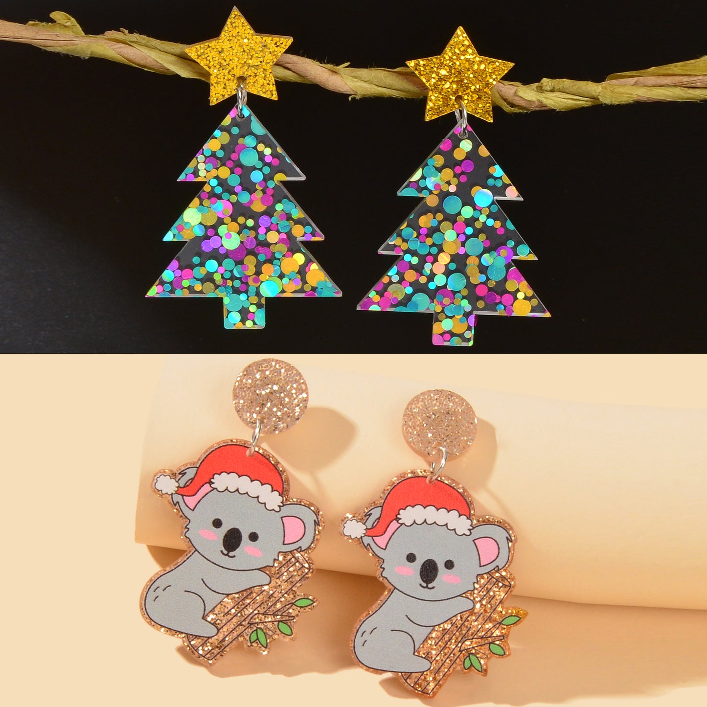 2 pairs Christmas Festival Jewelry Sequin Decor Acrylic Tree Koala Earrings set