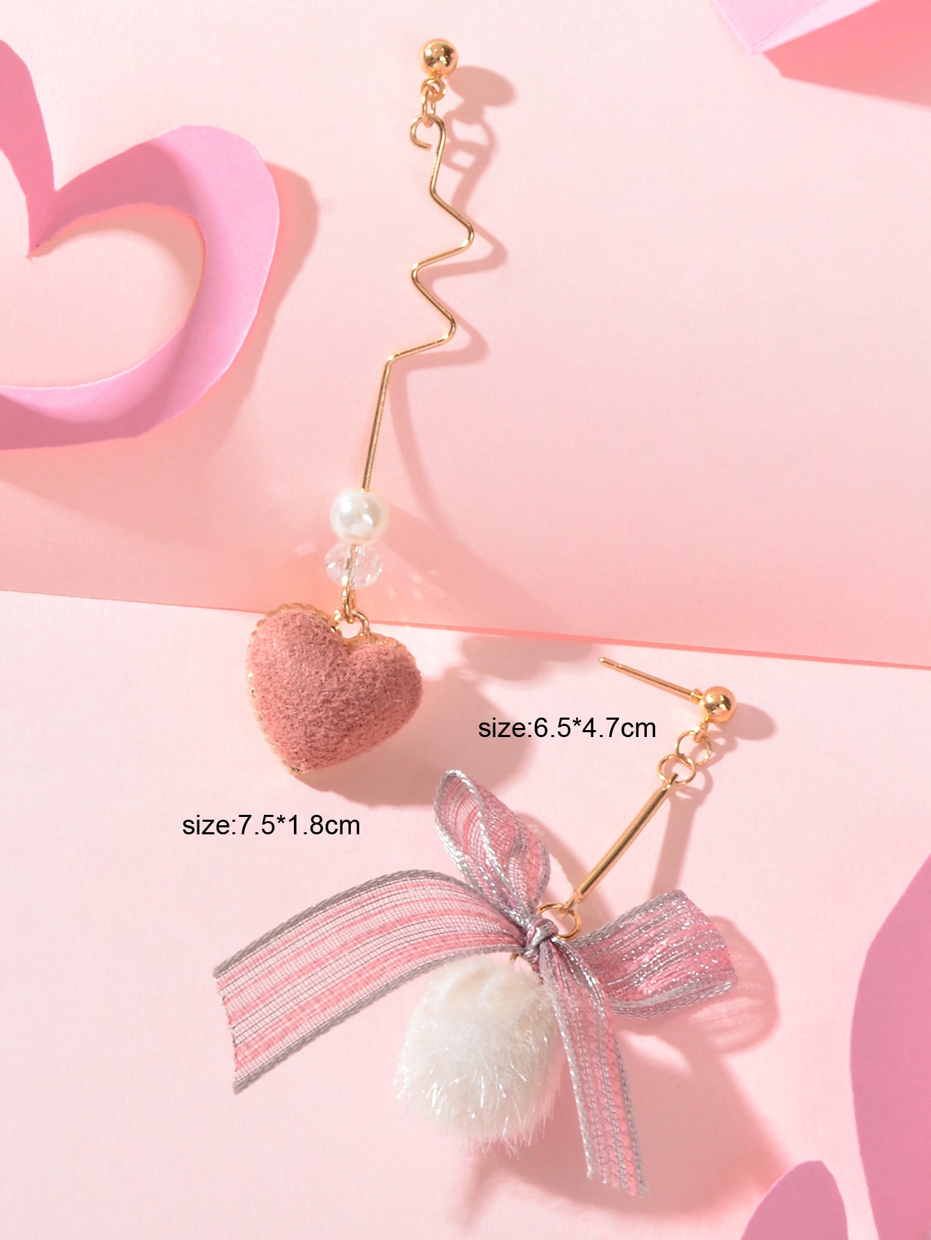 Valentine's Day Gift Bow Tie Pink Heart White Pom Pom Ball Asymmetrical Earrings