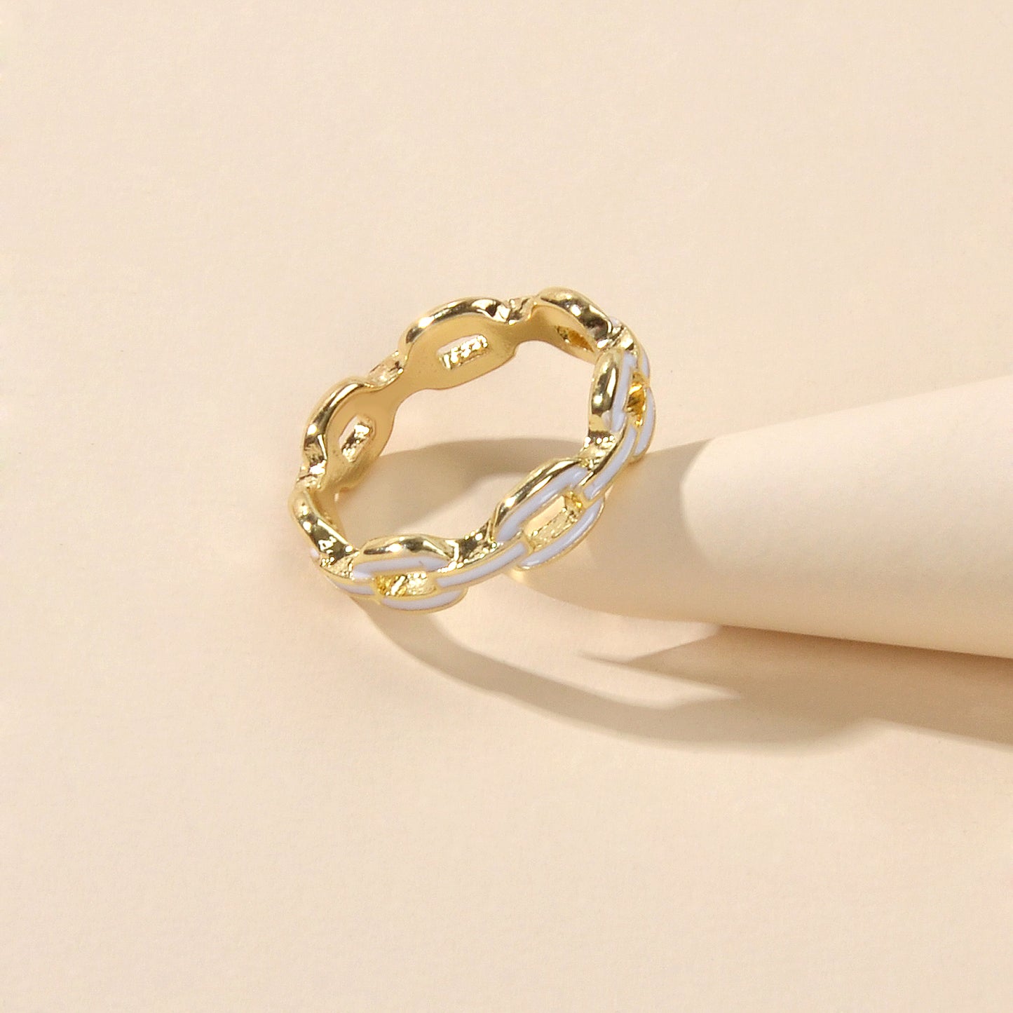 Designer Jewellery Classic Band Women Black White Enamel Lock Chain Finger Ring