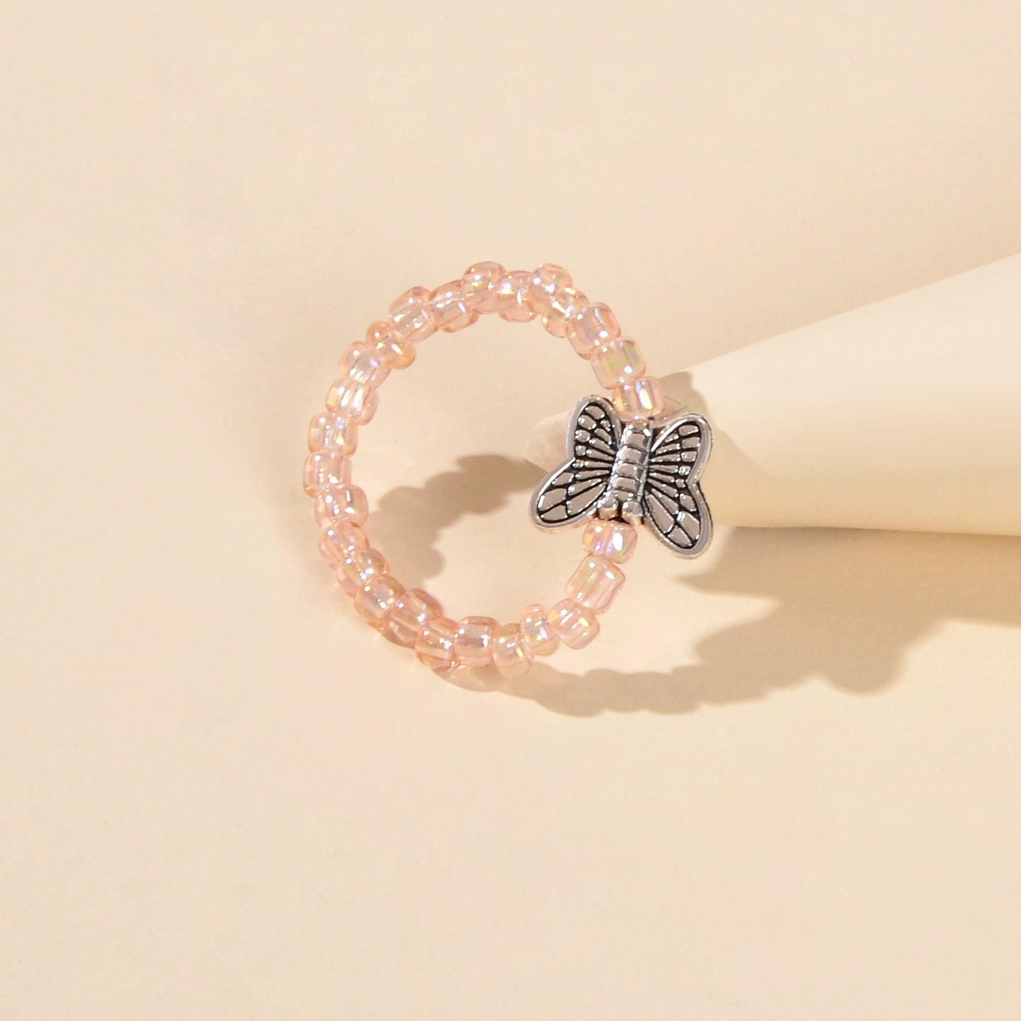 Handmade Beads Elastic Antique Silver Butterfly Finger Ring Party Decoration