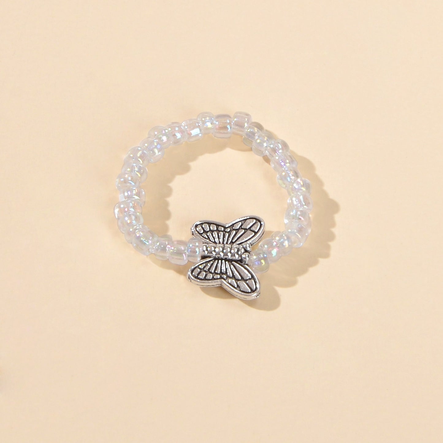 Handmade Beads Elastic Antique Silver Butterfly Finger Ring Party Decoration
