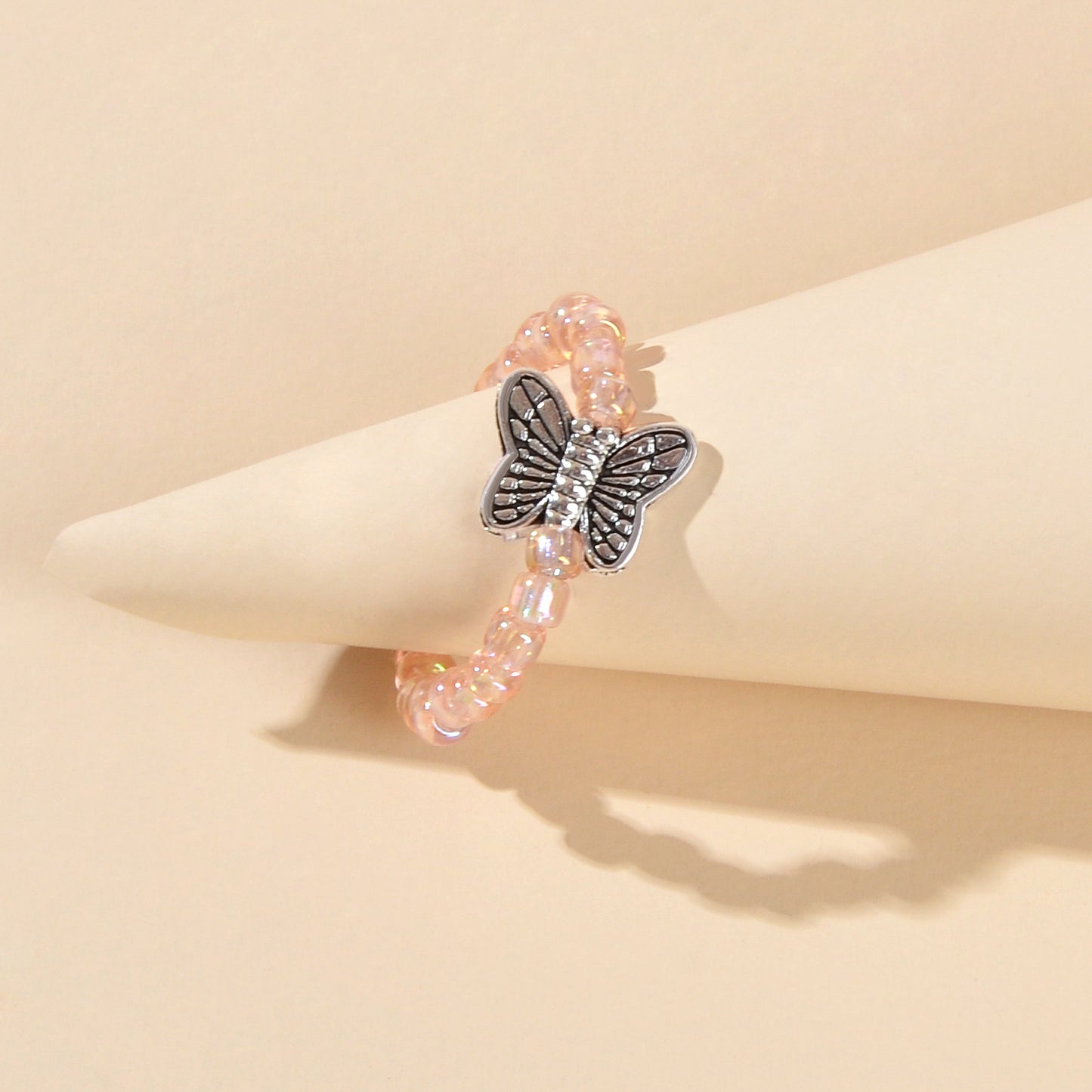Handmade Beads Elastic Antique Silver Butterfly Finger Ring Party Decoration