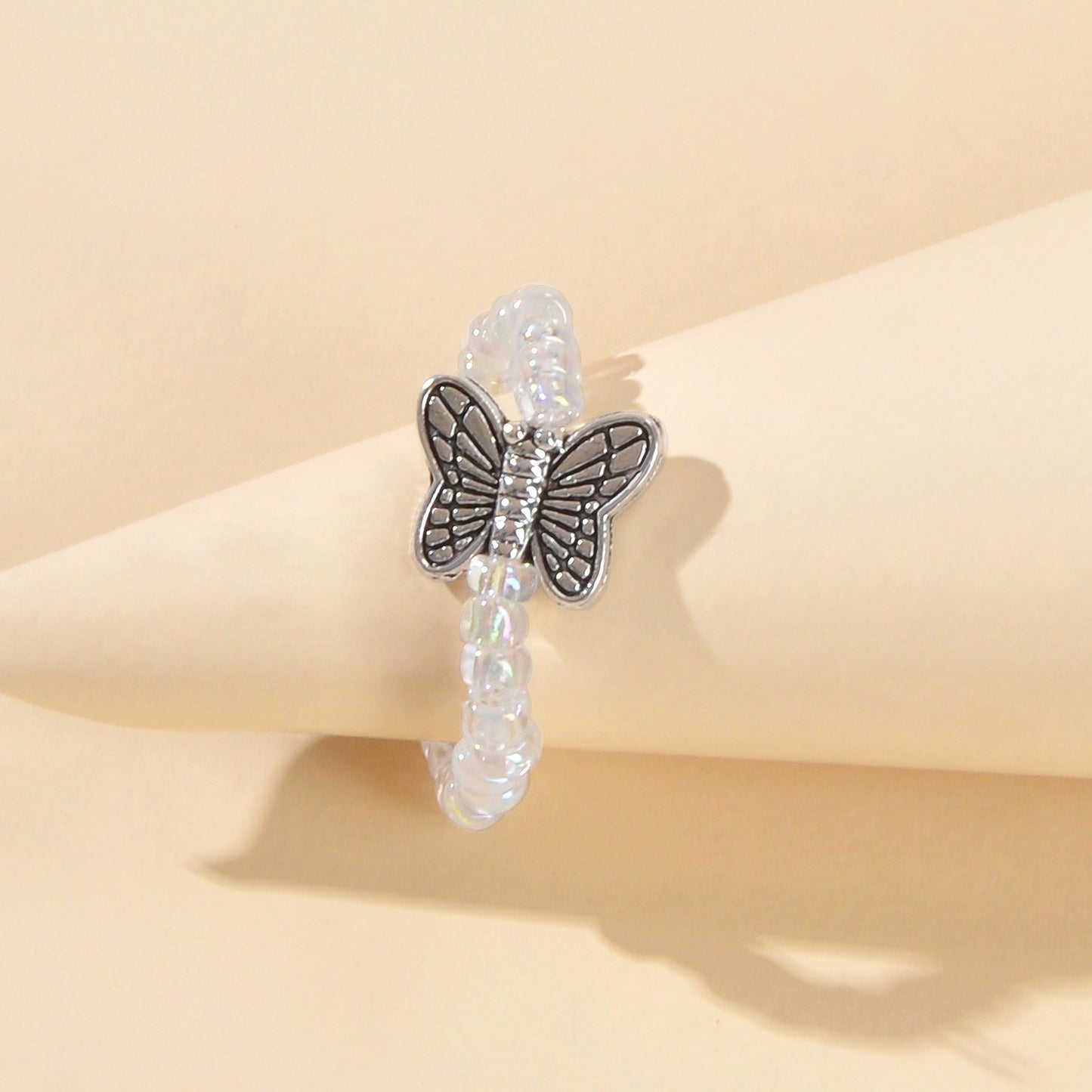 Handmade Beads Elastic Antique Silver Butterfly Finger Ring Party Decoration