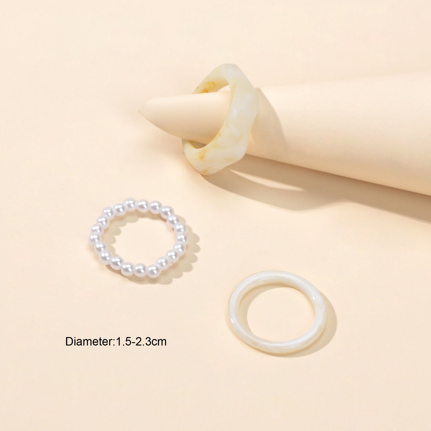 Multiple 3 pcs White Brown Resin Chunky Pearl Elastic Stackable Finger Ring Set