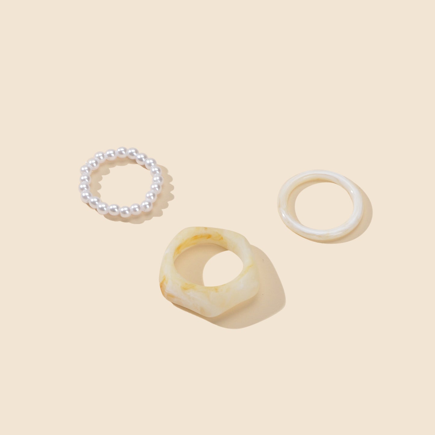 Multiple 3 pcs White Brown Resin Chunky Pearl Elastic Stackable Finger Ring Set