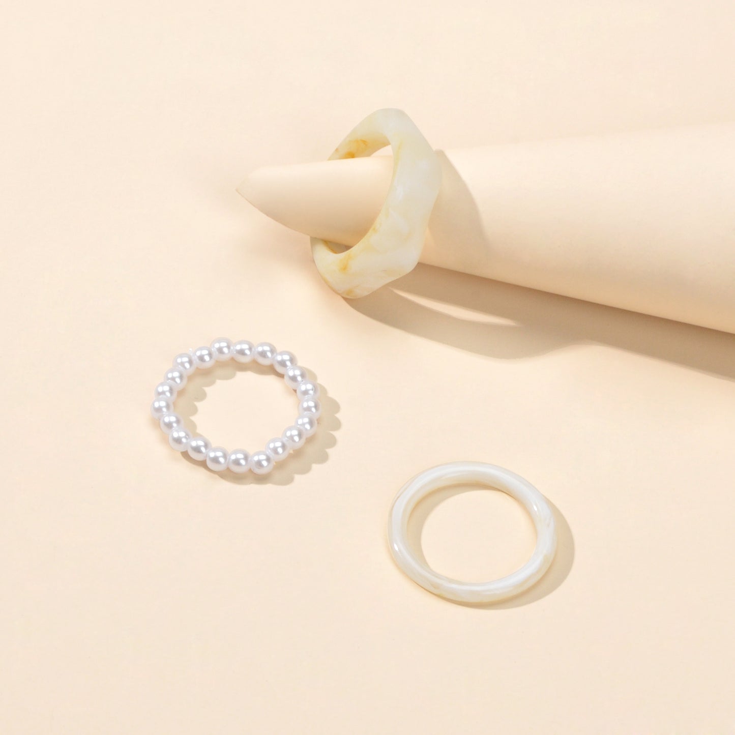Multiple 3 pcs White Brown Resin Chunky Pearl Elastic Stackable Finger Ring Set