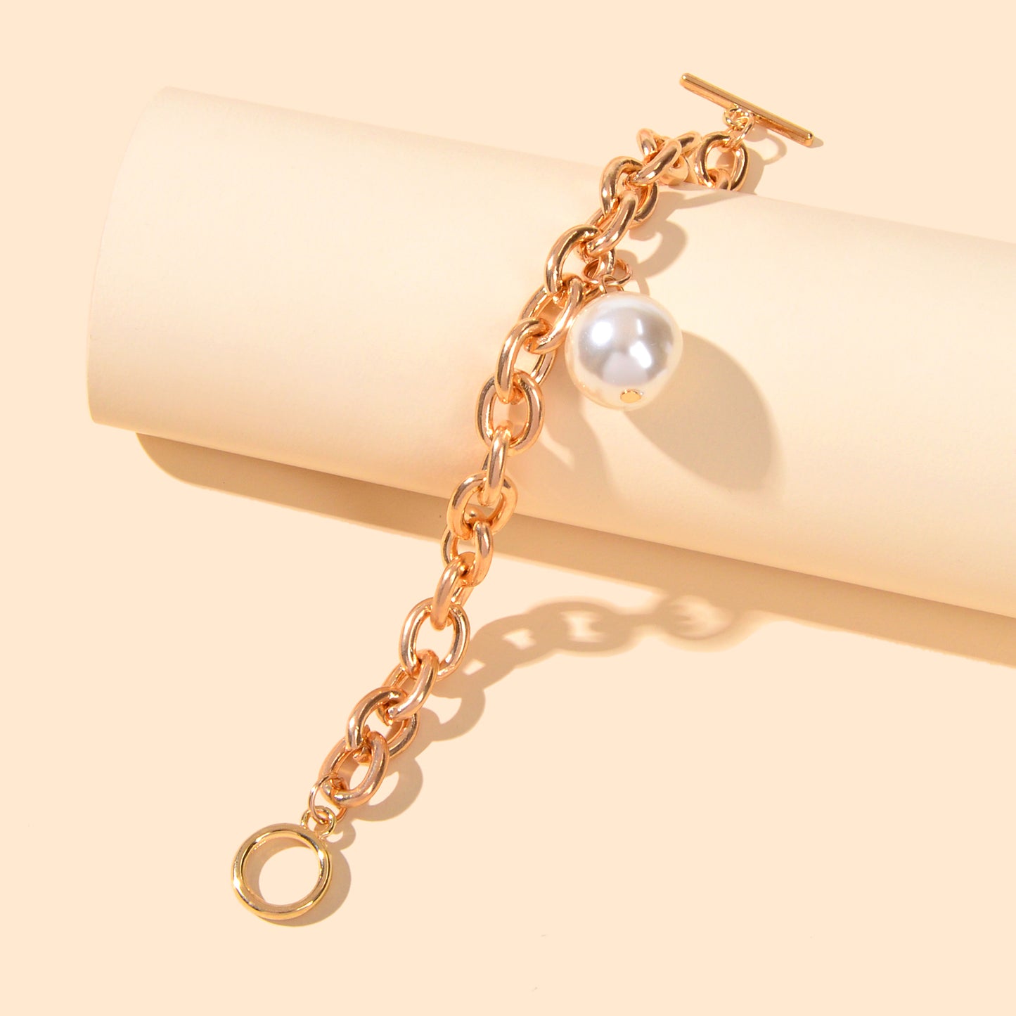 Punk Retro Pearl Beads Charm Crude Gold Link Bracelet Minimalist Ladies Jewelry