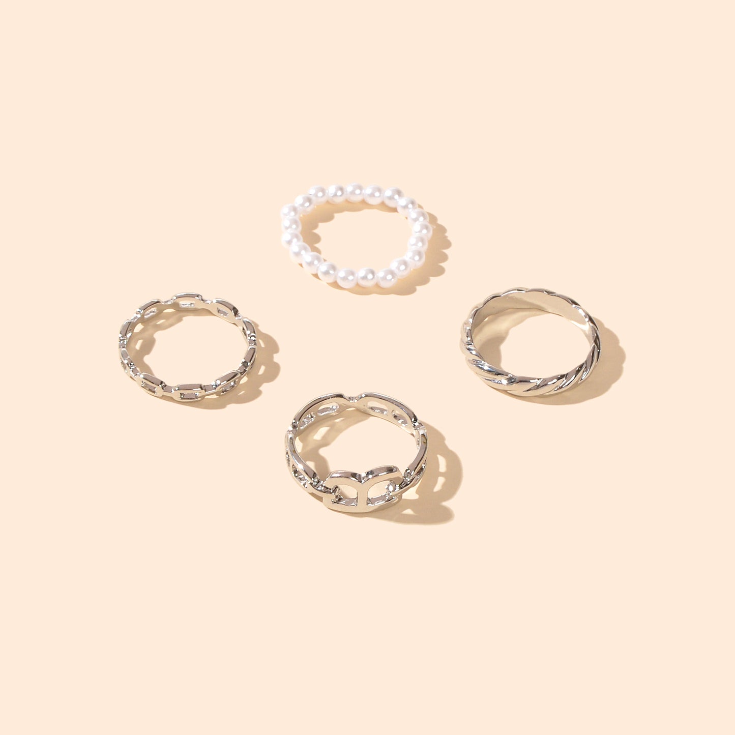 Multiple 4 pcs Elastic Pearl Silver Metal Knuckle Letter Midi Finger Rings Set