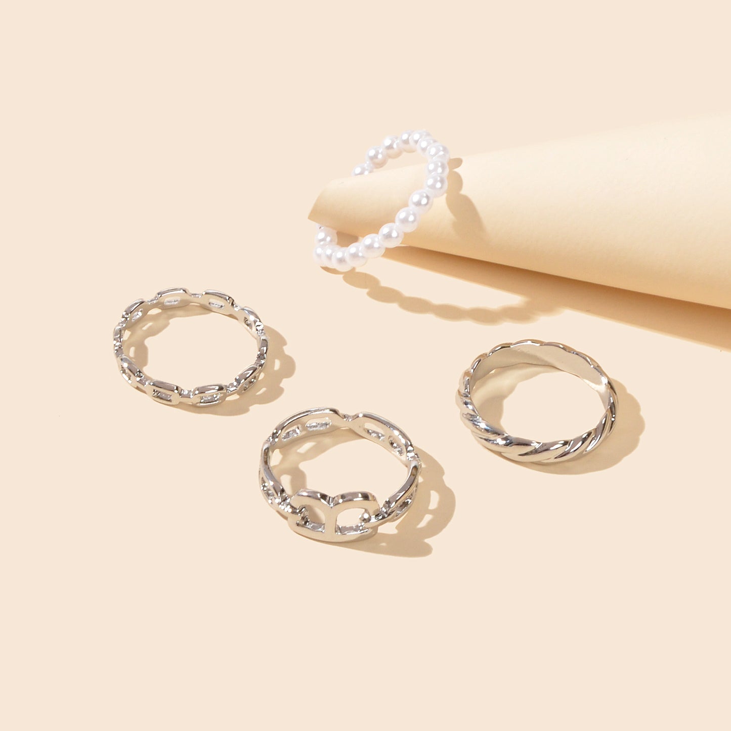 Multiple 4 pcs Elastic Pearl Silver Metal Knuckle Letter Midi Finger Rings Set
