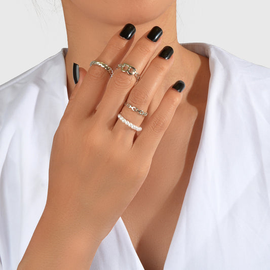 Multiple 4 pcs Elastic Pearl Silver Metal Knuckle Letter Midi Finger Rings Set