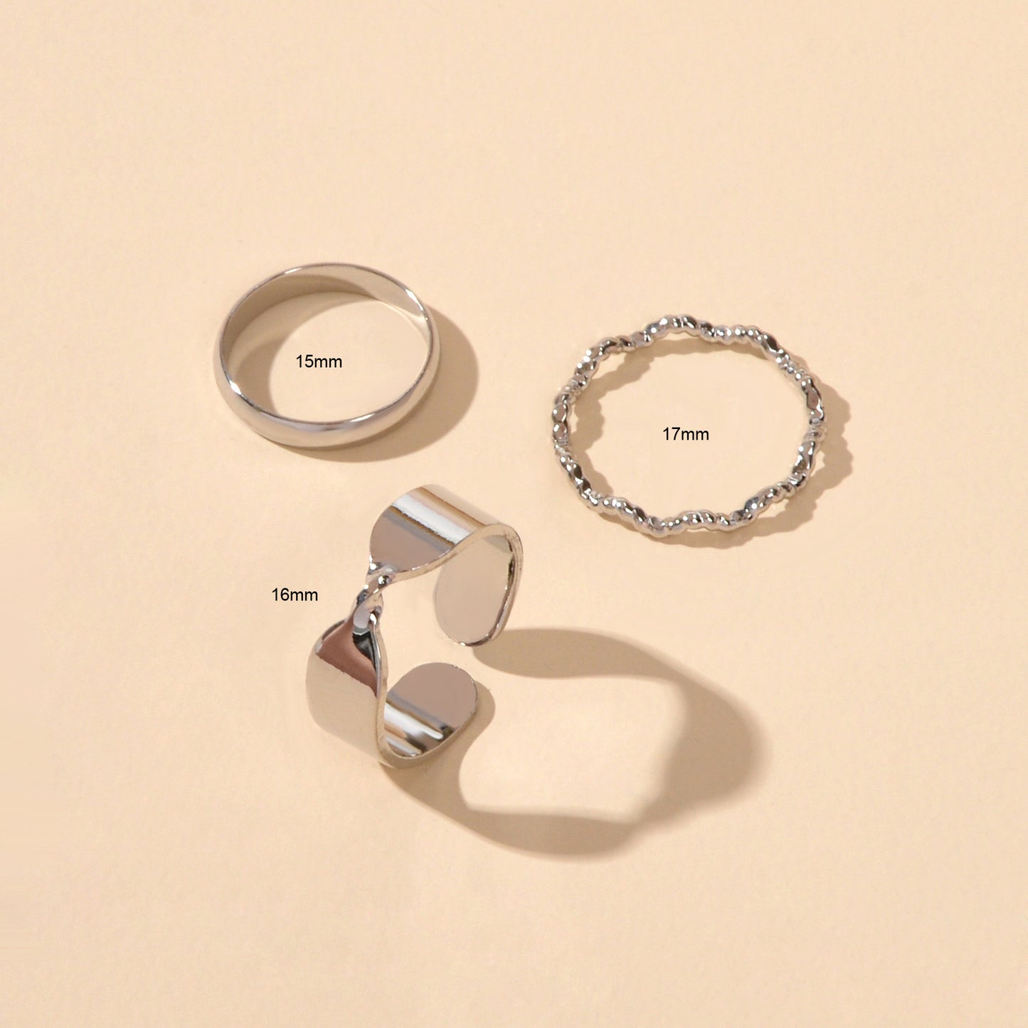 3 pcs Silver Colour Stackable Multiple Geometric Midi Cool Punk Open Cuff Rings