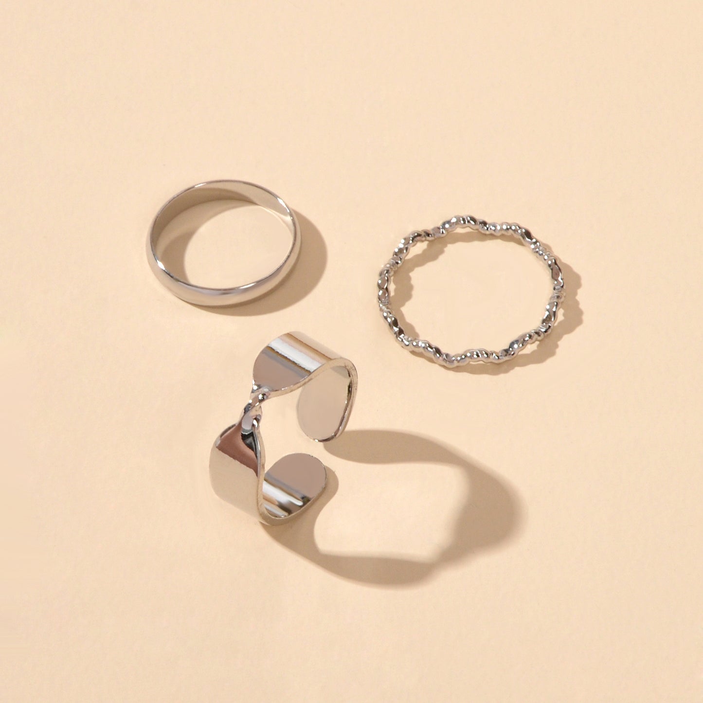 3 pcs Silver Colour Stackable Multiple Geometric Midi Cool Punk Open Cuff Rings