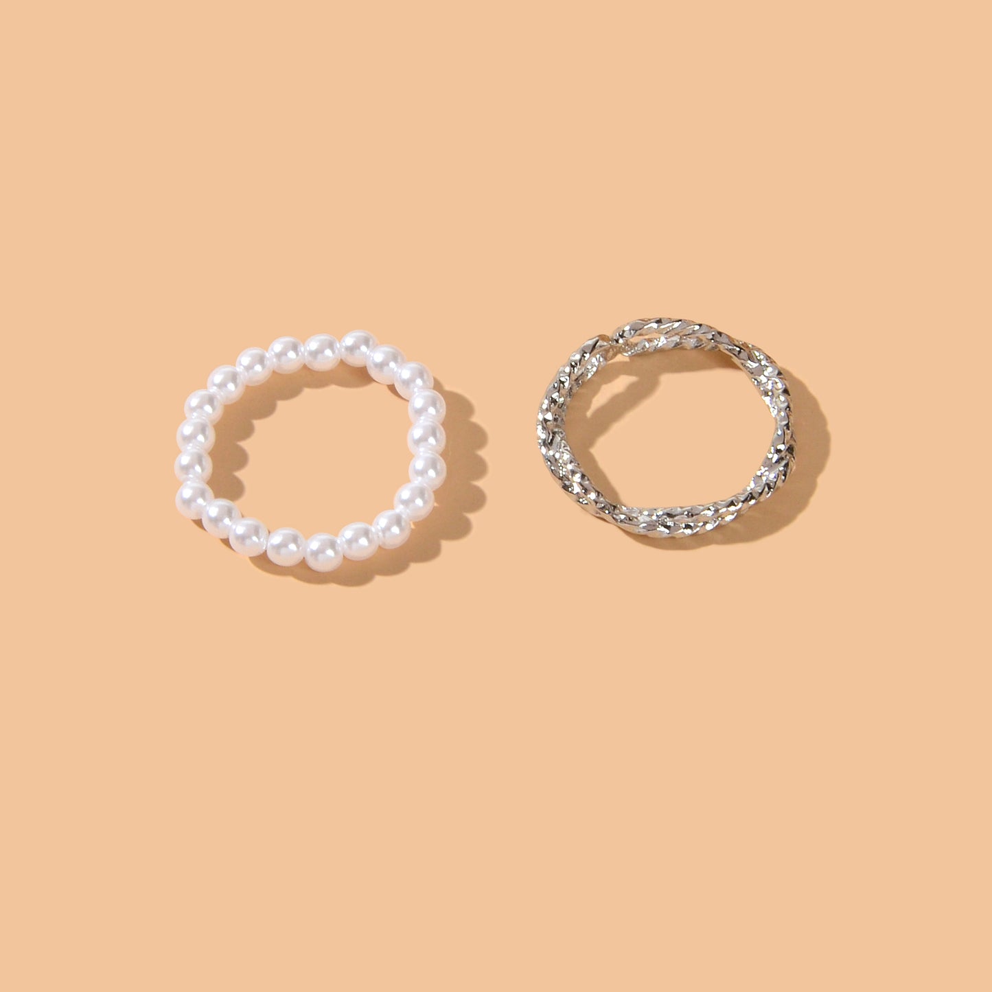 Retro Multiple 2 pcs Pearl Elastic Silver Metal Minimalist Stackable Rings Set