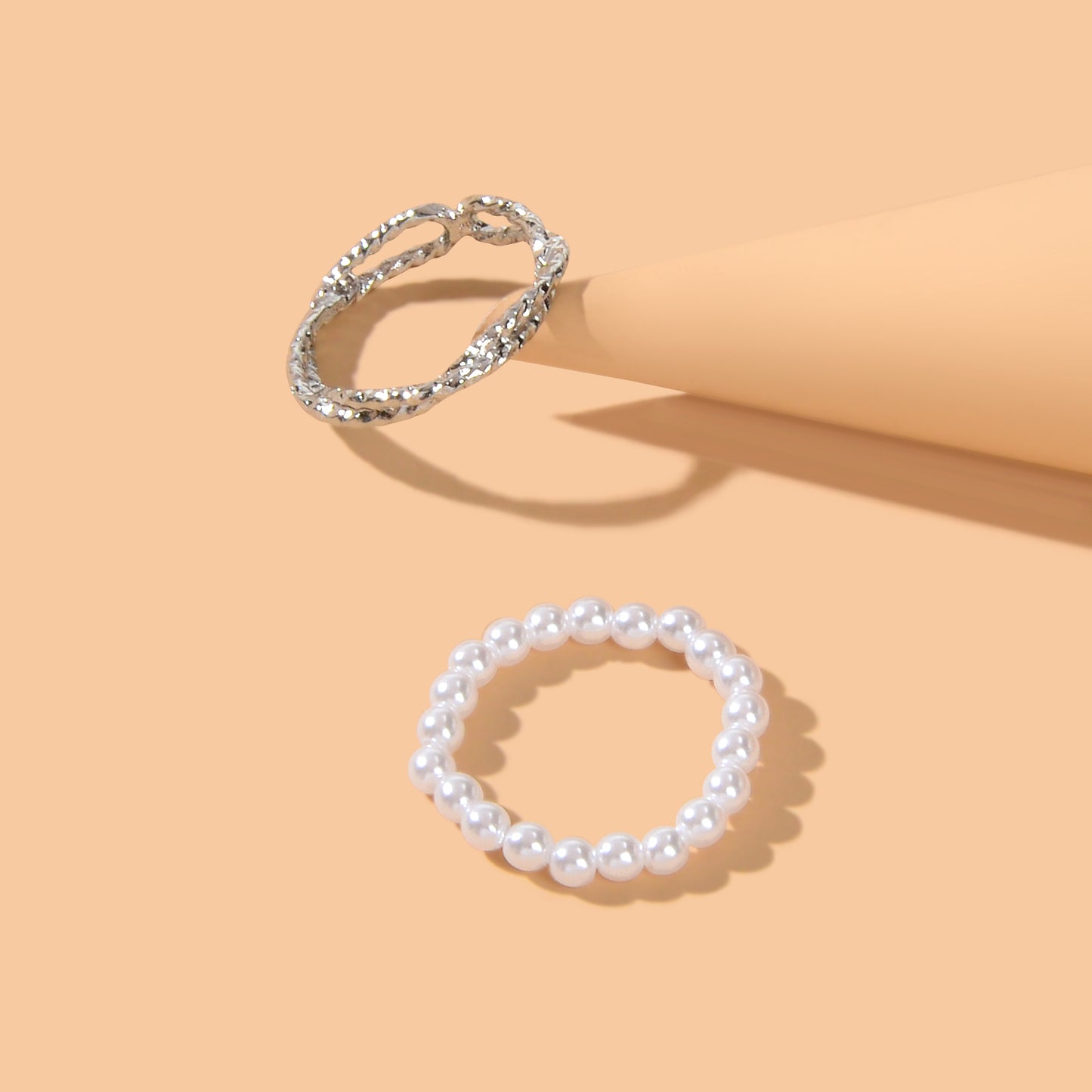 Retro Multiple 2 pcs Pearl Elastic Silver Metal Minimalist Stackable Rings Set