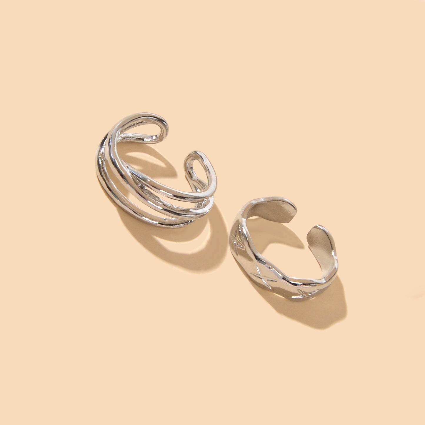 Statement Punk 2 pcs Silver Metal Geometric Multiple Stackable Midi Rings Set