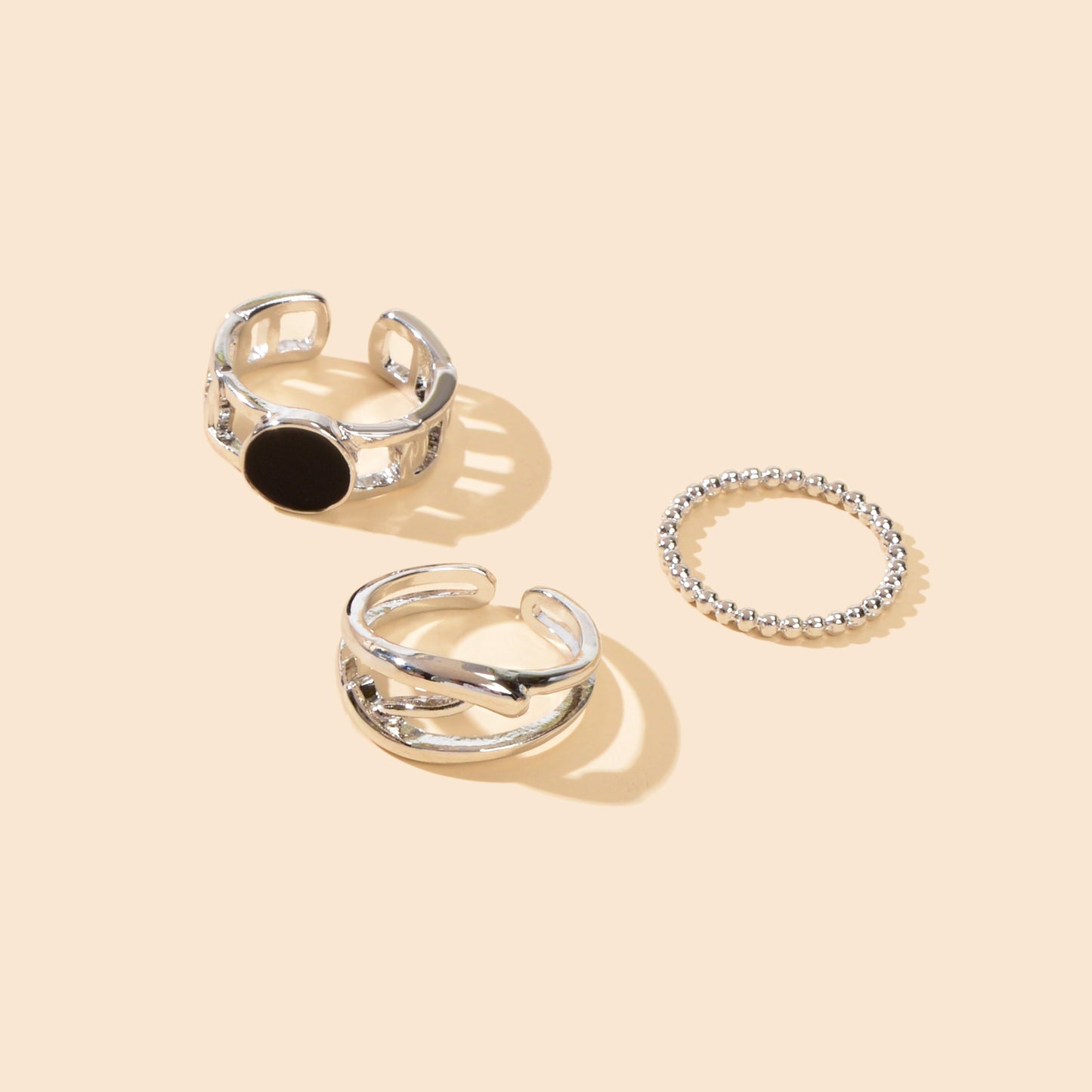 Multiple 3pcs Black Enamel Geometric Minimalist Silver Stackable Finger Ring Set