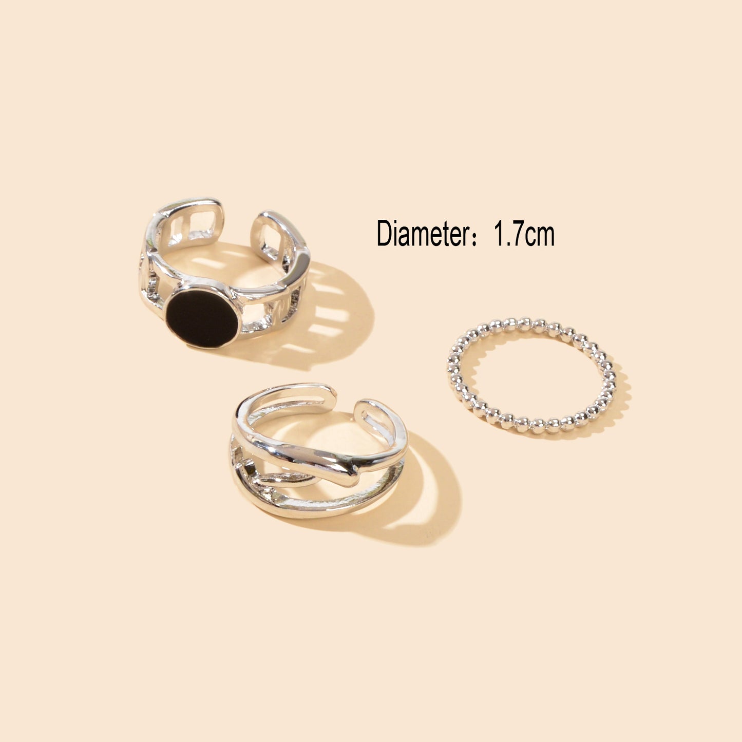 Multiple 3pcs Black Enamel Geometric Minimalist Silver Stackable Finger Ring Set