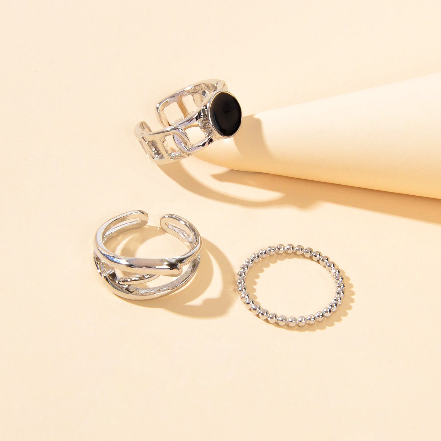 Multiple 3pcs Black Enamel Geometric Minimalist Silver Stackable Finger Ring Set