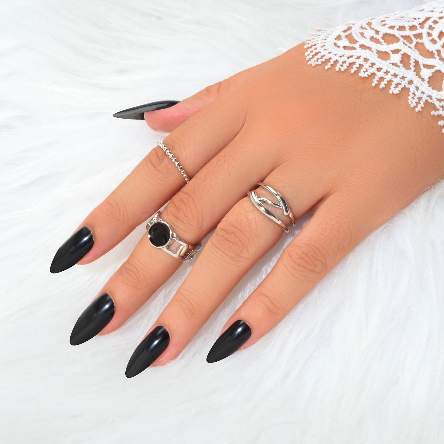 Multiple 3pcs Black Enamel Geometric Minimalist Silver Stackable Finger Ring Set