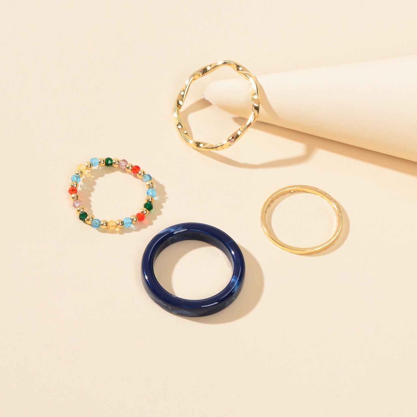 Multiple 4 pcs Geometric Elastic Beads Resin Stackable Midi Knuckle Rings set