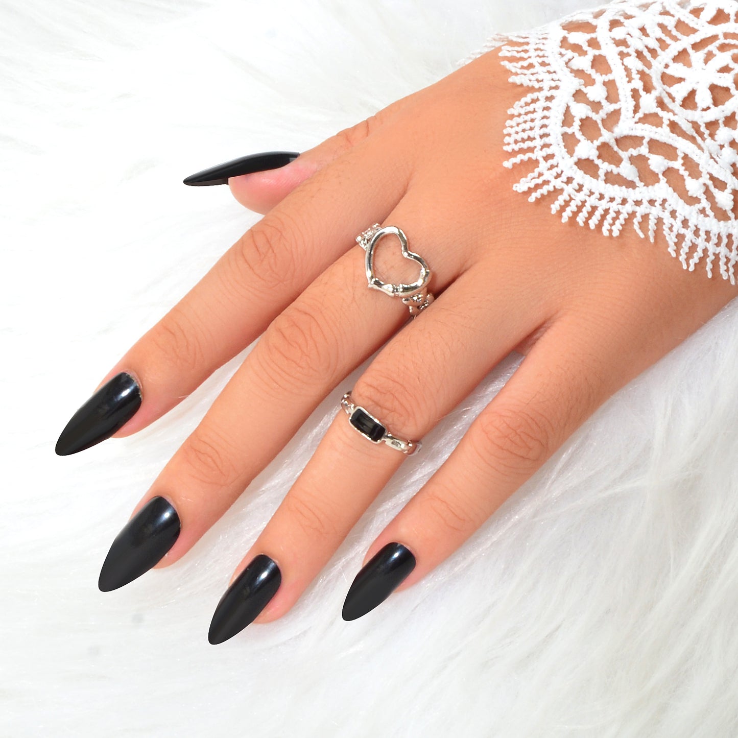 2 pcs Black Enamel Silver Heart Stackable Open Punk Cuff Kunckle Ring Set Gift